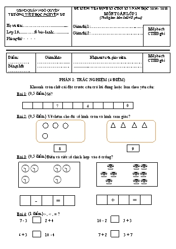 Đề kiểm tra định kì cuối học kỳ I môn Toán Lớp 1 - Năm học 2024-2025 - Trường Tiểu học Nguyễn Du (Có đáp án + Ma trận)