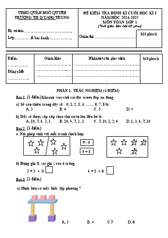 Đề kiểm tra định kì cuối học kỳ I môn Toán Lớp 1 - Năm học 2024-2025 - Trường Tiểu học Quang Trung (Có đáp án + Ma trận)