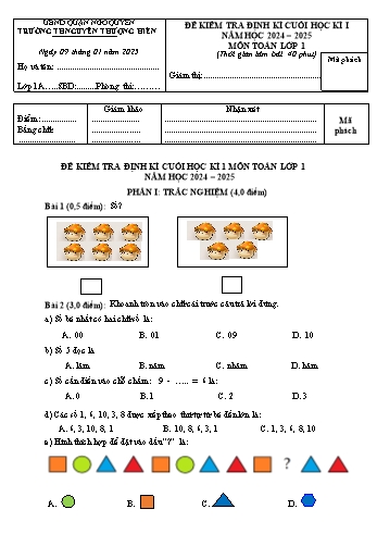 Đề kiểm tra định kì cuối học kỳ I môn Toán Lớp 1 - Năm học 2024-2025 - Trường Tiểu học Nguyễn Thượng Hiền (Có đáp án + Ma trận)