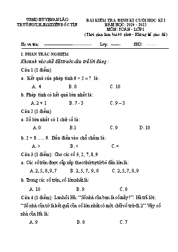 Đề kiểm tra định kì cuối học kỳ I môn Toán Lớp 1 - Năm học 2024-2025 - Trường Tiểu học Nguyễn Đốc Tín (Có đáp án)