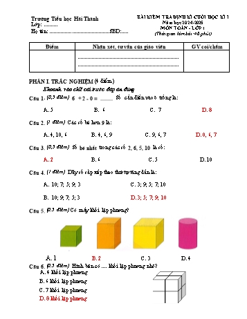 Đề kiểm tra định kì cuối học kỳ I môn Toán Lớp 1 - Năm học 2024-2025 - Trường Tiểu học Hải Thành (Có đáp án)