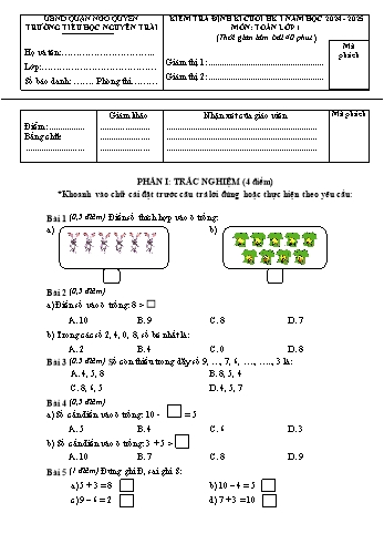 Đề kiểm tra định kì cuối học kỳ I môn Toán Lớp 1 - Năm học 2024-2025 - Trường Tiểu học Nguyễn Trãi (Có đáp án + Ma trận)