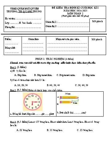 Đề kiểm tra định kì cuối học kỳ I môn Toán Lớp 2 - Năm học 2024-2025 - Trường Tiểu học Quang Trung (Có đáp án + Ma trận)