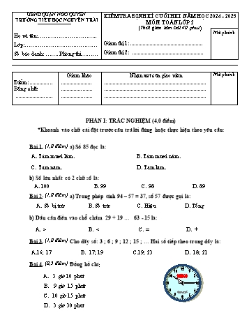 Đề kiểm tra định kì cuối học kỳ I môn Toán Lớp 2 - Năm học 2024-2025 - Trường Tiểu học Nguyễn Trãi (Có đáp án + Ma trận)