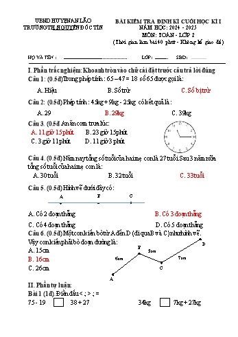 Đề kiểm tra định kì cuối học kỳ I môn Toán Lớp 2 - Năm học 2024-2025 - Trường Tiểu học Nguyễn Đốc Tín (Có đáp án)