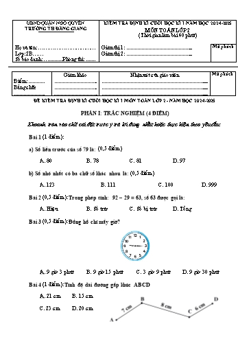 Đề kiểm tra định kì cuối học kỳ I môn Toán Lớp 2 - Năm học 2024-2025 - Trường Tiểu học Đằng Giang (Có đáp án + Ma trận)