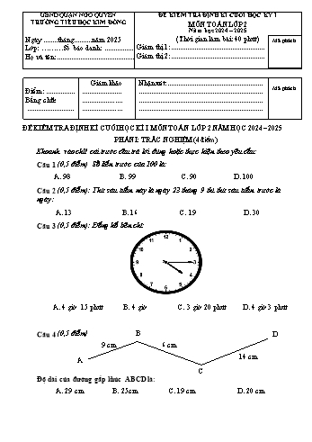 Đề kiểm tra định kì cuối học kỳ I môn Toán Lớp 2 - Năm học 2024-2025 - Trường Tiểu học Kim Đồng (Có đáp án + Ma trận)