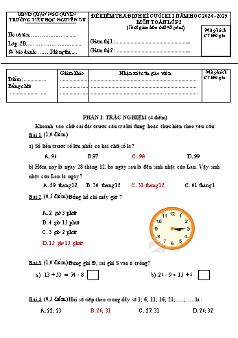 Đề kiểm tra định kì cuối học kỳ I môn Toán Lớp 2 - Năm học 2024-2025 - Trường Tiểu học Nguyễn Du (Có đáp án + Ma trận)