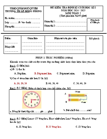Đề kiểm tra định kì cuối học kỳ I môn Toán Lớp 2 - Năm học 2024-2025 - Trường Tiểu học Lê Hồng Phong (Có đáp án + Ma trận)