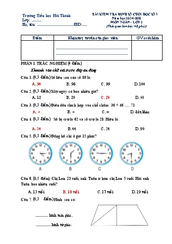 Đề kiểm tra định kì cuối học kỳ I môn Toán Lớp 2 - Năm học 2024-2025 - Trường Tiểu học Hải Thành (Có đáp án)