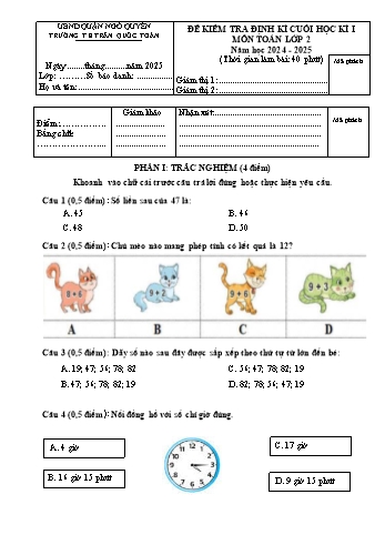 Đề kiểm tra định kì cuối học kỳ I môn Toán Lớp 2 - Năm học 2024-2025 - Trường Tiểu học Trần Quốc Toản (Có đáp án + Ma trận)