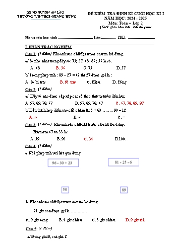 Đề kiểm tra định kì cuối học kỳ I môn Toán Lớp 2 - Năm học 2024-2025 - Trường TH&THCS Quang Hưng (Có đáp án)