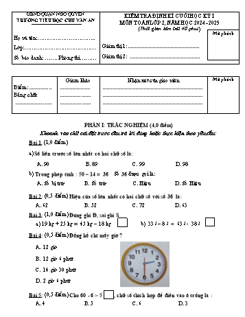 Đề kiểm tra định kì cuối học kỳ I môn Toán Lớp 2 - Năm học 2024-2025 - Trường Tiểu học Chu Văn An (Có đáp án + Ma trận)