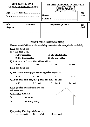 Đề kiểm tra định kì cuối học kỳ I môn Toán Lớp 3 - Năm học 2024-2025 - Trường Tiểu học Lê Hồng Phong (Có đáp án + Ma trận)