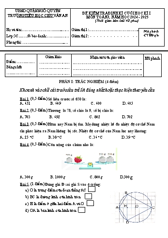 Đề kiểm tra định kì cuối học kỳ I môn Toán Lớp 3 - Năm học 2024-2025 - Trường Tiểu học Chu Văn An (Có đáp án + Ma trận)