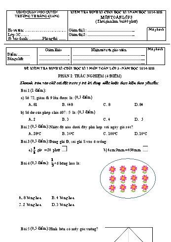 Đề kiểm tra định kì cuối học kỳ I môn Toán Lớp 3 - Năm học 2024-2025 - Trường Tiểu học Đằng Giang (Có đáp án + Ma trận)