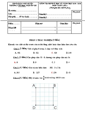 Đề kiểm tra định kì cuối học kỳ I môn Toán Lớp 3 - Năm học 2024-2025 - Trường Tiểu học Nguyễn Du (Có đáp án + Ma trận)