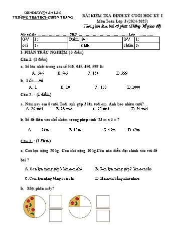 Đề kiểm tra định kì cuối học kỳ I môn Toán Lớp 3 - Năm học 2024-2025 - Trường TH&THCS Chiến Thắng (Có đáp án + Ma trận)