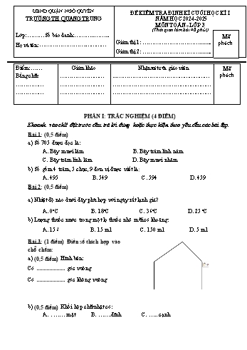 Đề kiểm tra định kì cuối học kỳ I môn Toán Lớp 3 - Năm học 2024-2025 - Trường Tiểu học Quang Trung (Có đáp án + Ma trận)