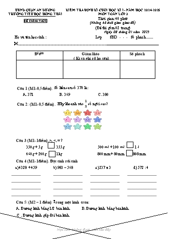 Đề kiểm tra định kì cuối học kỳ I môn Toán Lớp 3 - Năm học 2024-2025 - Trường Tiểu học Hồng Thái (Có đáp án)