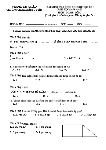 Đề kiểm tra định kì cuối học kỳ I môn Toán Lớp 3 - Năm học 2024-2025 - Trường Tiểu học Nguyễn Đốc Tín (Có đáp án)