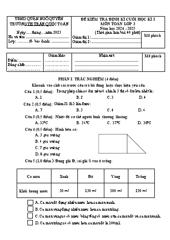 Đề kiểm tra định kì cuối học kỳ I môn Toán Lớp 3 - Năm học 2024-2025 - Trường Tiểu học Trần Quốc Toản (Có đáp án + Ma trận)