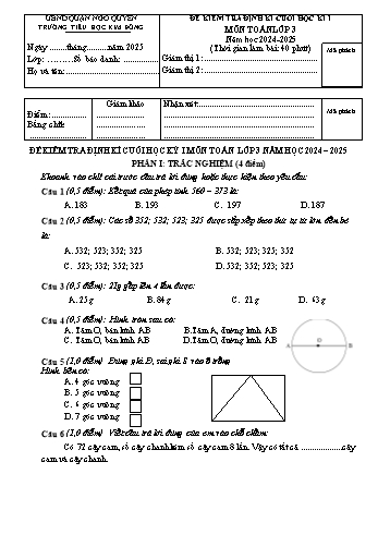 Đề kiểm tra định kì cuối học kỳ I môn Toán Lớp 3 - Năm học 2024-2025 - Trường Tiểu học Kim Đồng (Có đáp án + Ma trận)