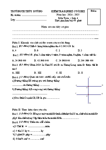 Đề kiểm tra định kì cuối học kỳ I môn Toán Lớp 4 - Năm học 2024-2025 - Trường Tiểu học Thủy Đường (Có đáp án + Ma trận)
