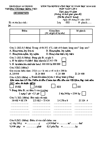 Đề kiểm tra định kì cuối học kỳ I môn Toán Lớp 4 - Năm học 2024-2025 - Trường Tiểu học Hồng Thái (Có đáp án)