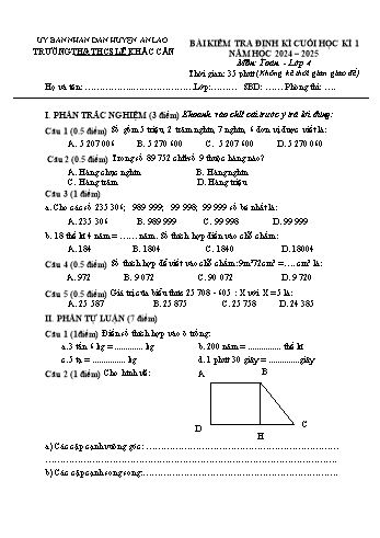 Đề kiểm tra định kì cuối học kỳ I môn Toán Lớp 4 - Năm học 2024-2025 - Trường TH&THCS Lê Khắc Cẩn (Có đáp án)