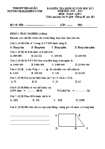 Đề kiểm tra định kì cuối học kỳ I môn Toán Lớp 4 - Năm học 2024-2025 - Trường Tiểu học Nguyễn Đốc Tín (Có đáp án)