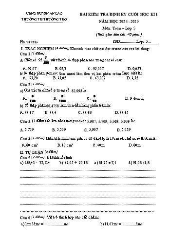 Đề kiểm tra định kì cuối học kỳ I môn Toán Lớp 5 - Năm học 2024-2025 - Trường Tiểu học Trường Thọ (Có đáp án)