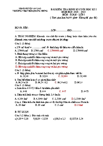 Đề kiểm tra định kì cuối học kỳ I môn Toán Lớp 5 - Năm học 2024-2025 - Trường TH&THCS Quang Hưng (Có đáp án)