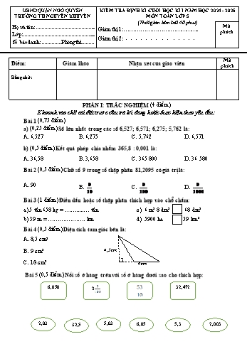 Đề kiểm tra định kì cuối học kỳ I môn Toán Lớp 5 - Năm học 2024-2025 - Trường Tiểu học Nguyễn Khuyến (Có đáp án + Ma trận)