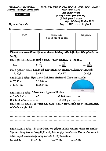 Đề kiểm tra định kì cuối học kỳ I môn Toán Lớp 5 - Năm học 2024-2025 - Trường Tiểu học Hồng Thái (Có đáp án)
