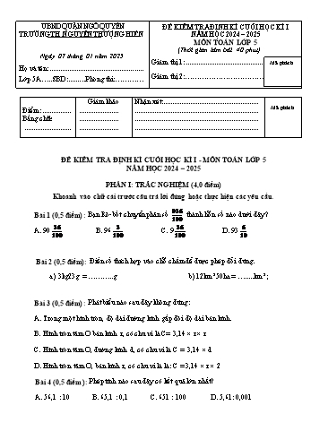 Đề kiểm tra định kì cuối học kỳ I môn Toán Lớp 5 - Năm học 2024-2025 - Trường Tiểu học Nguyễn Thượng Hiền (Có đáp án + Ma trận)