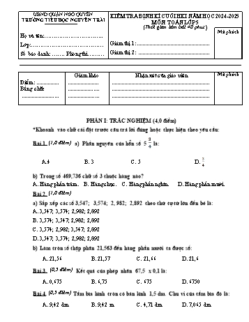 Đề kiểm tra định kì cuối học kỳ I môn Toán Lớp 5 - Năm học 2024-2025 - Trường Tiểu học Nguyễn Trãi (Có đáp án + Ma trận)