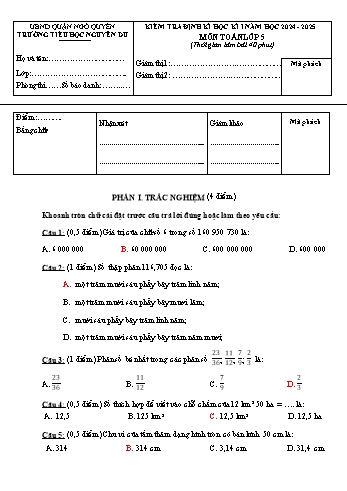 Đề kiểm tra định kì cuối học kỳ I môn Toán Lớp 5 - Năm học 2024-2025 - Trường Tiểu học Nguyễn Du (Có đáp án + Ma trận)