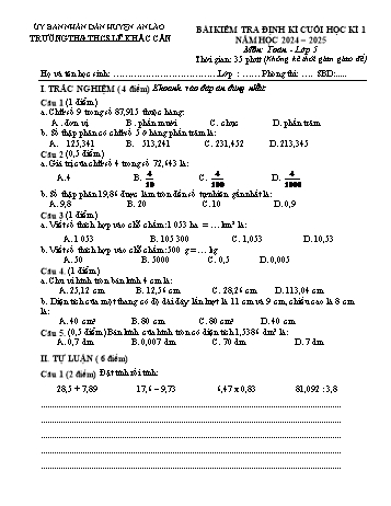 Đề kiểm tra định kì cuối học kỳ I môn Toán Lớp 5 - Năm học 2024-2025 - Trường TH&THCS Lê Khắc Cẩn (Có đáp án)