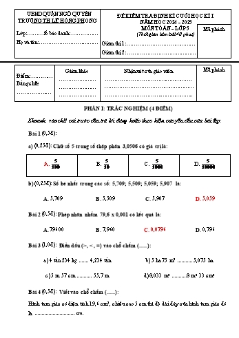 Đề kiểm tra định kì cuối học kỳ I môn Toán Lớp 5 - Năm học 2024-2025 - Trường Tiểu học Lê Hồng Phong (Có đáp án + Ma trận)