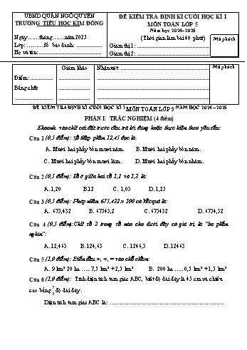 Đề kiểm tra định kì cuối học kỳ I môn Toán Lớp 5 - Năm học 2024-2025 - Trường Tiểu học Kim Đồng (Có đáp án + Ma trận)