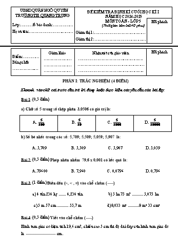 Đề kiểm tra định kì cuối học kỳ I môn Toán Lớp 5 - Năm học 2024-2025 - Trường Tiểu học Quang Trung (Có đáp án + Ma trận)