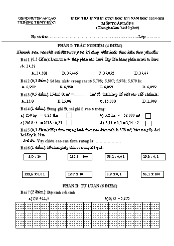 Đề kiểm tra định kì cuối học kỳ I môn Toán Lớp 5 - Năm học 2024-2025 - Trường Tiểu học Mỹ Đức 1 (Có đáp án)