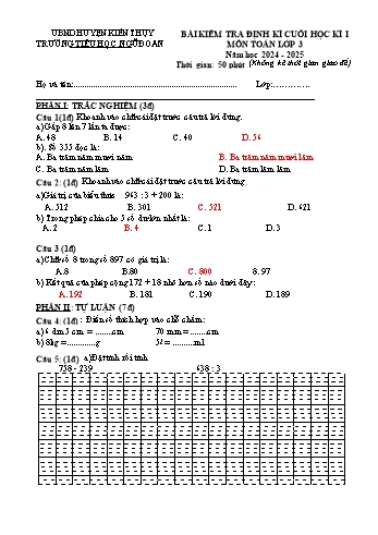 Đề kiểm tra định kì cuối học kỳ I môn Toán + Tiếng Việt Lớp 3 - Năm học 2024-2025 - Trường Tiểu học Ngũ Đoan (Có đáp án)
