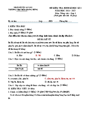 Đề kiểm tra định kì học kỳ I môn Tiếng Việt Lớp 1 - Năm học 2024-2025 - Trường TH&THCS Quang Hưng (Có đáp án)