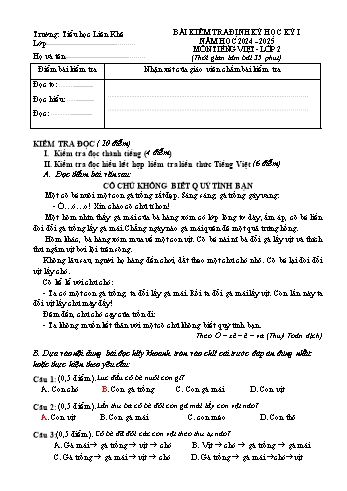 Đề kiểm tra định kì học kỳ I môn Tiếng Việt Lớp 2 - Năm học 2024-2025 - Trường Tiểu học Liên Khê (Có đáp án)