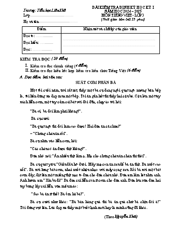 Đề kiểm tra định kì học kỳ I môn Tiếng Việt Lớp 3 - Năm học 2024-2025 - Trường Tiểu học Liên Khê (Có đáp án)