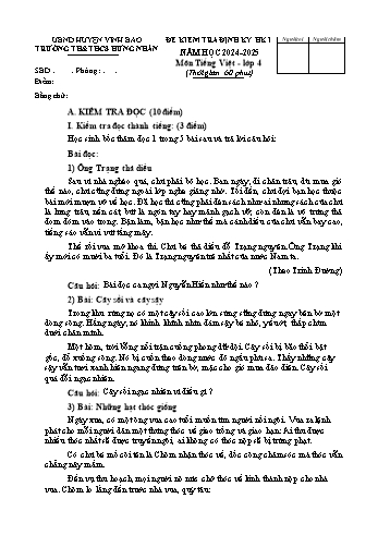 Đề kiểm tra định kì học kỳ I môn Tiếng Việt Lớp 4 - Năm học 2024-2025 - Trường TH&THCS Hưng Nhân (Có đáp án)