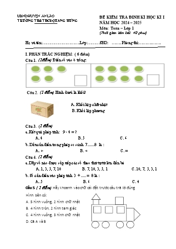 Đề kiểm tra định kì học kỳ I môn Toán Lớp 1 - Năm học 2024-2025 - Trường TH&THCS Quang Hưng (Có đáp án)