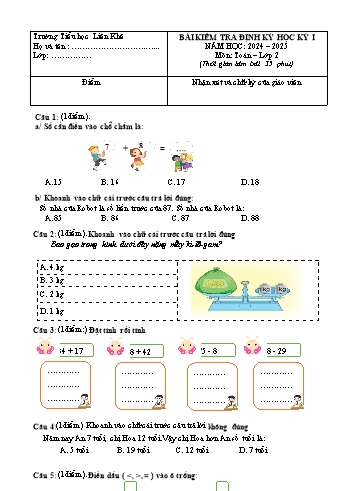 Đề kiểm tra định kì học kỳ I môn Toán Lớp 2 - Năm học 2024-2025 - Trường Tiểu học Liên Khê (Có đáp án)